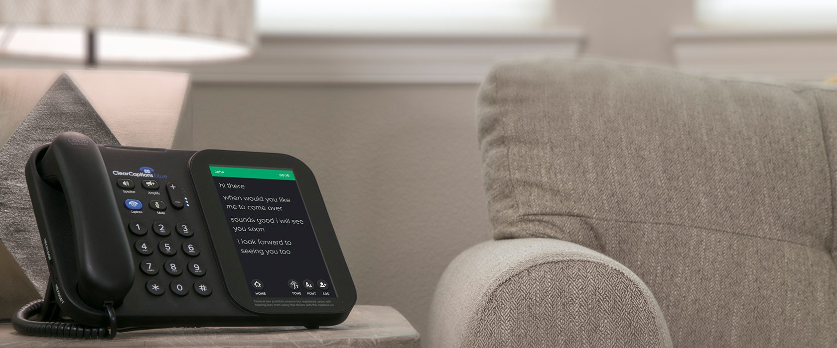 J2500_Captions_1680x700 ClearCaptions caption phone displaying a conversation on screen