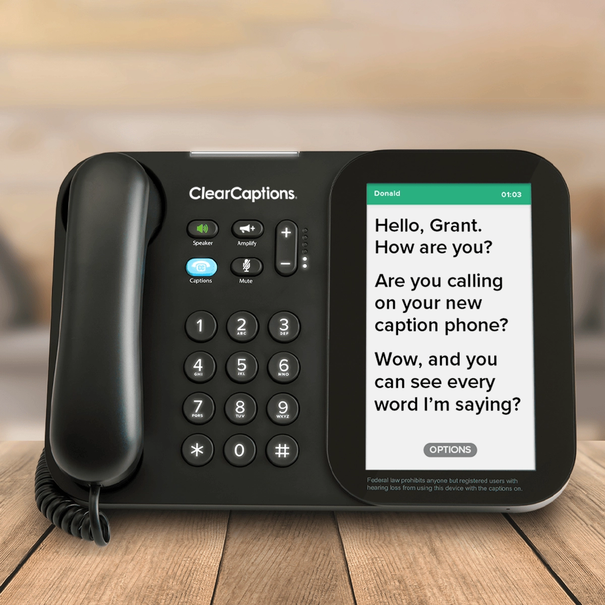 ClearCaptions phone displaying a conversation between family members