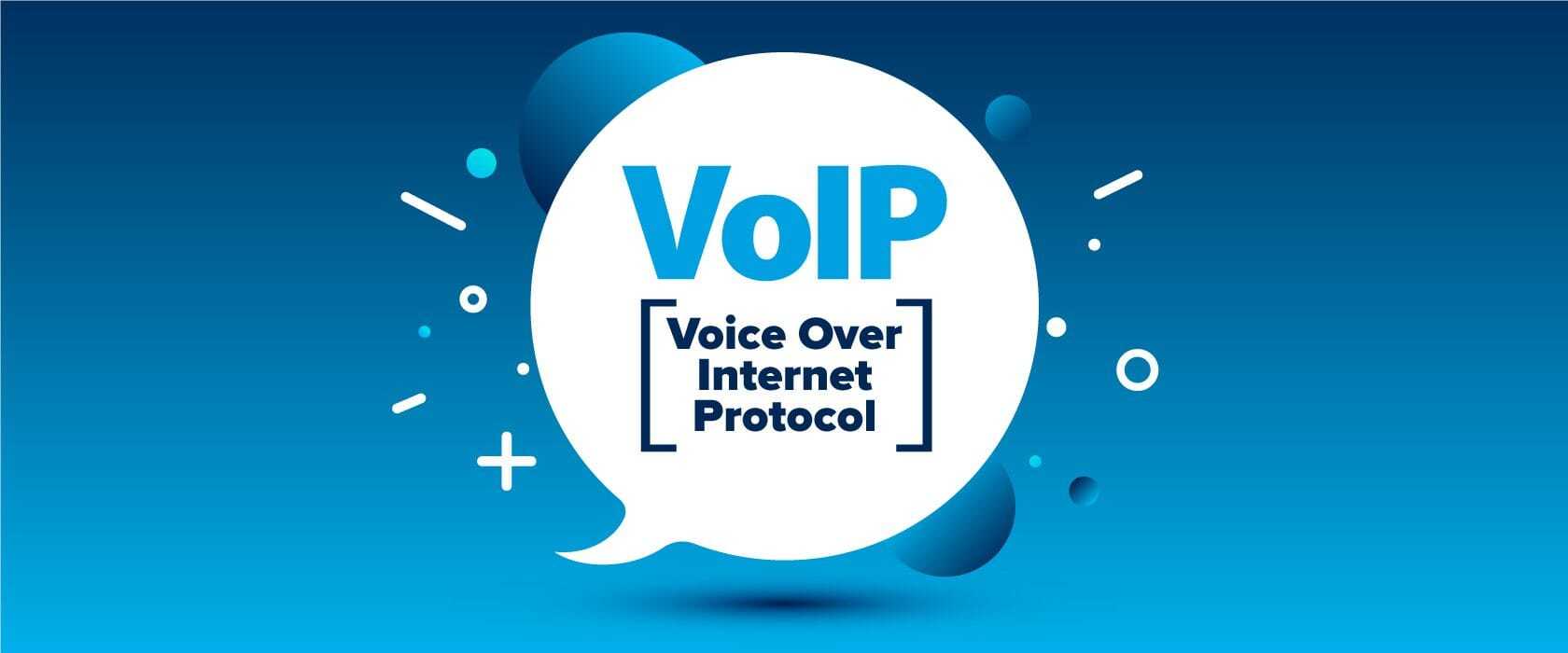J2601_VoIP-Header_1680x700 A speech bubble containing the text "VoIP Voice Over Internet Protocol" floats on a blue gradient background, surrounded by geometric shapes.