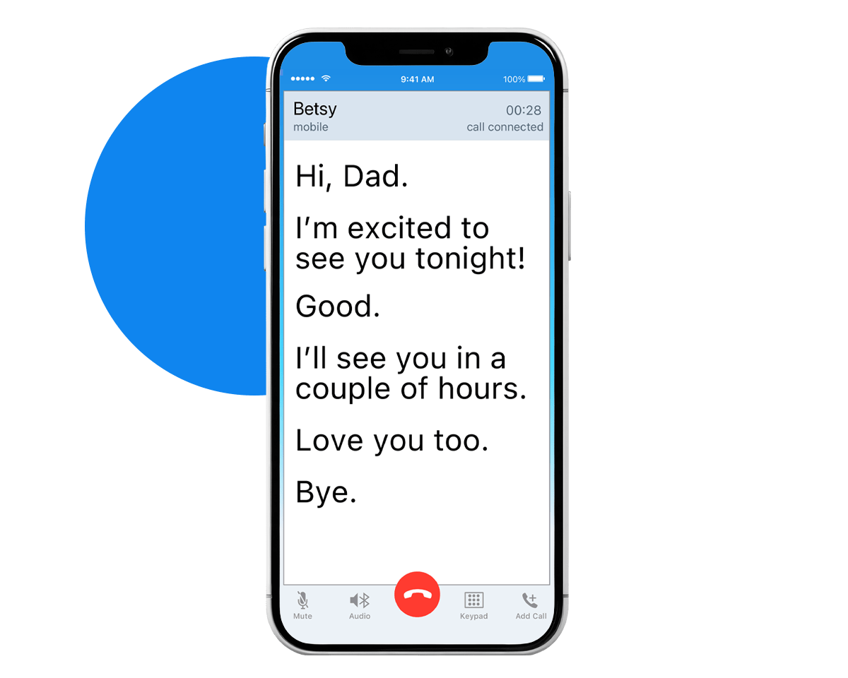 Hero_Mobile (1) ClearCaptions app displaying a phone conversation on a smartphone screen