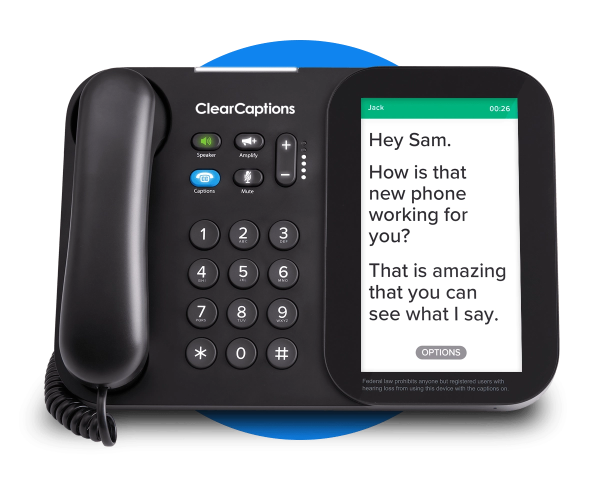 ClearCaptions caption phone displaying a conversation on screen