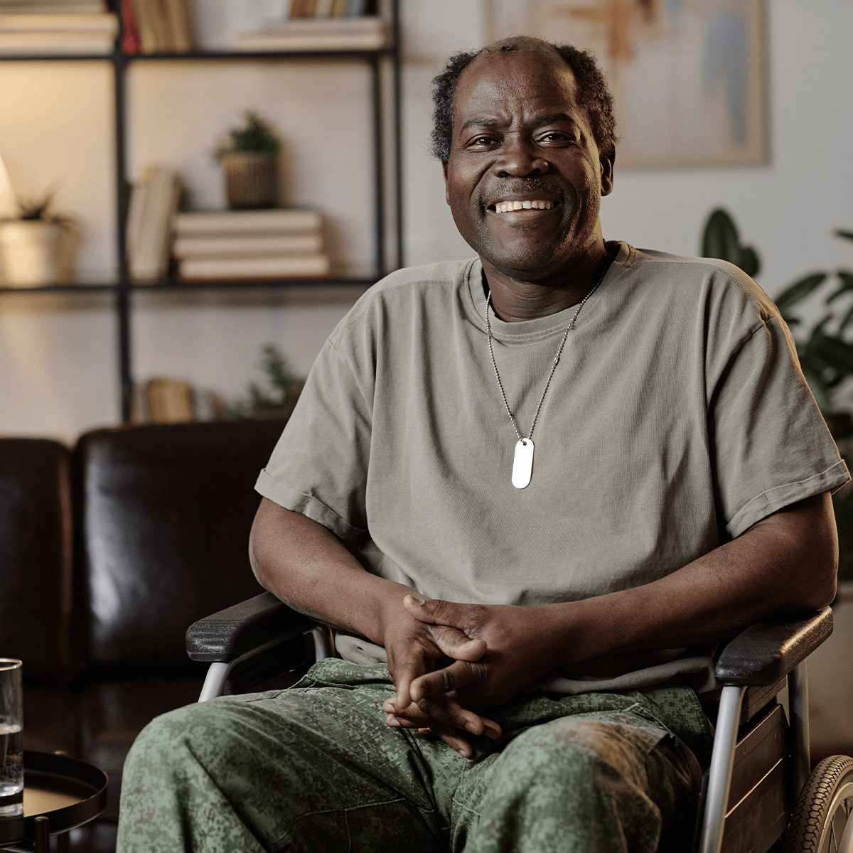 Smiling veteran in a wheelchair