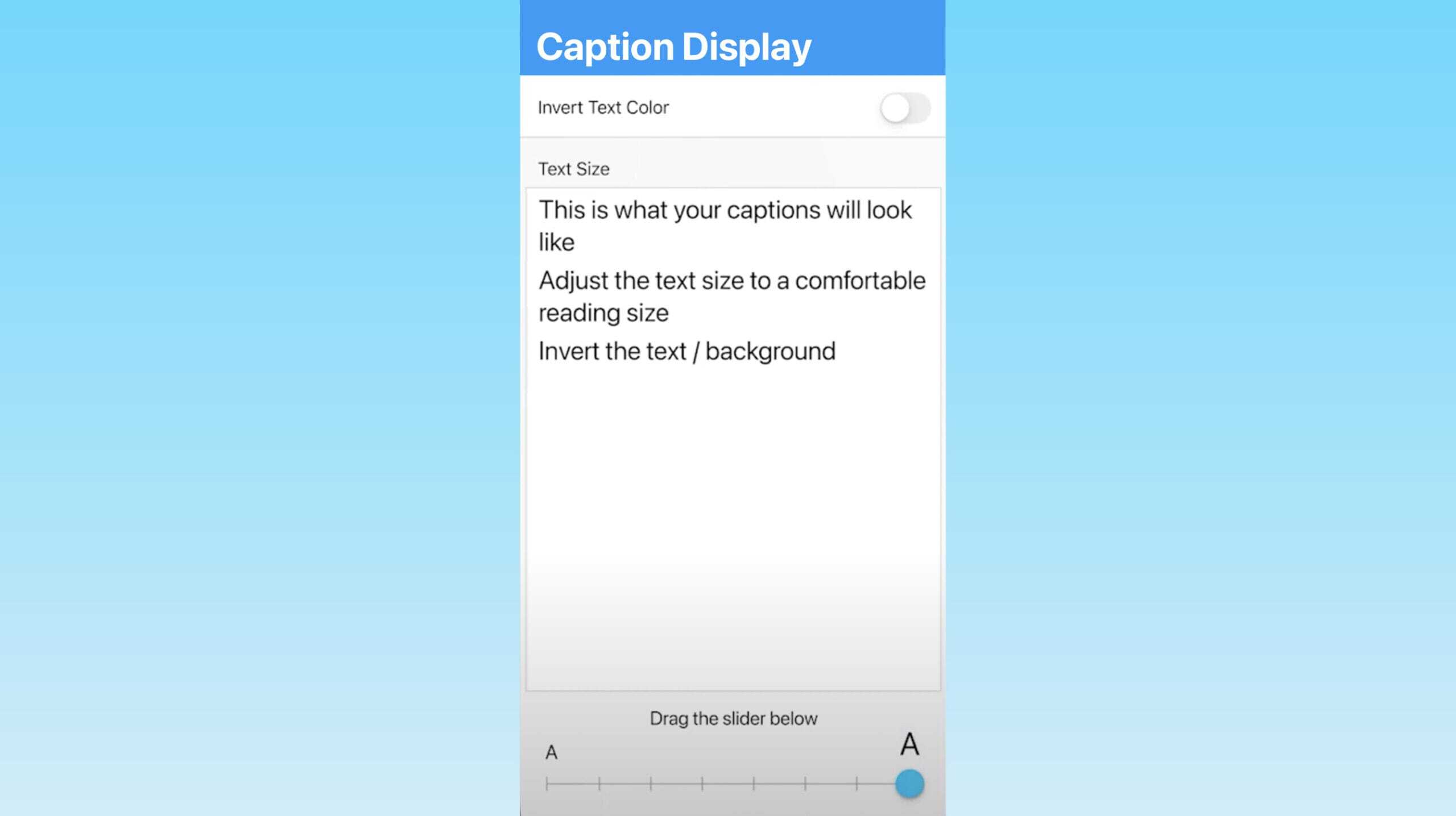 ClearCaptions app captions size settings