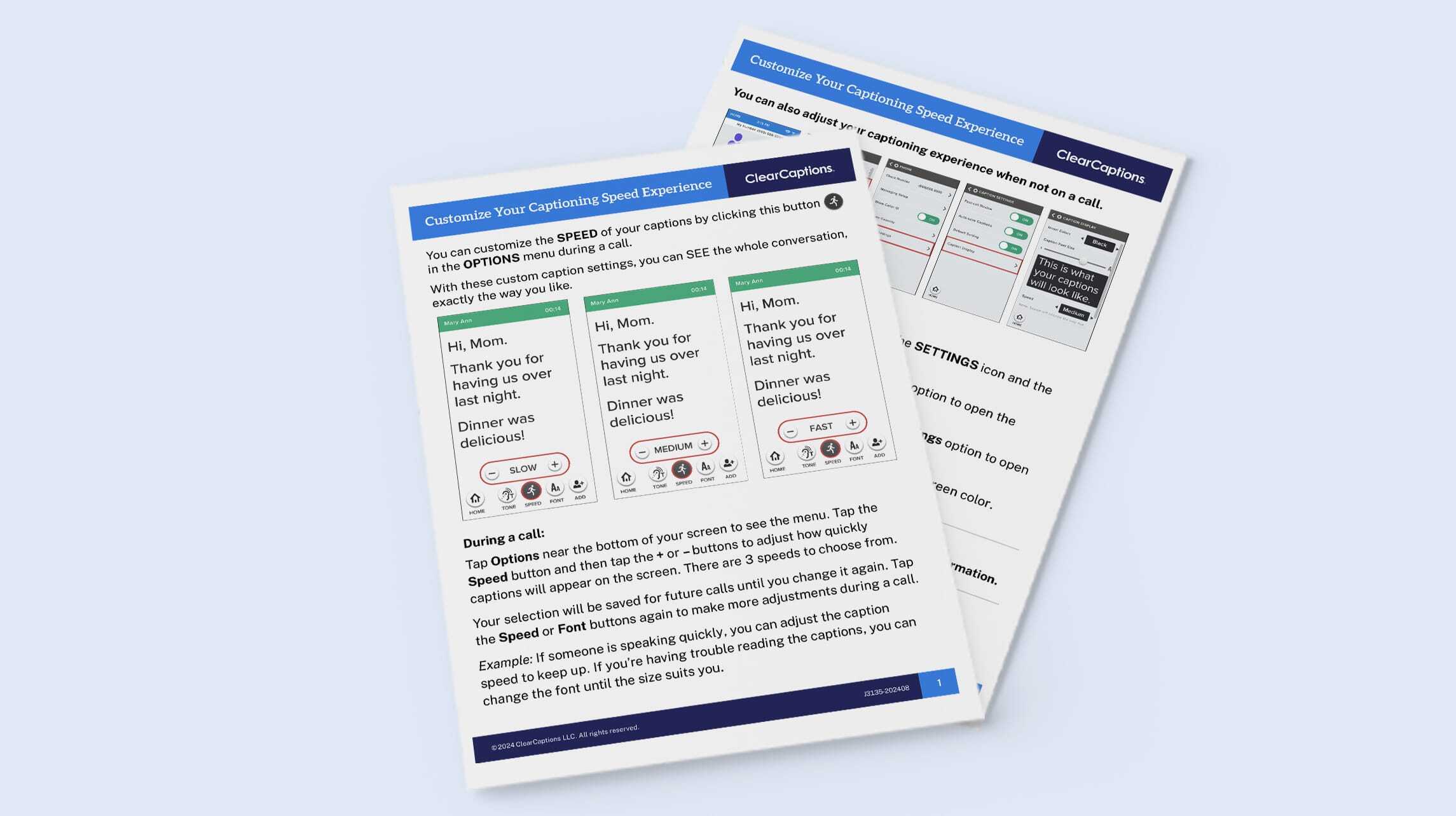 ClearCaptions quick starter guide showing how to set up captioning speed