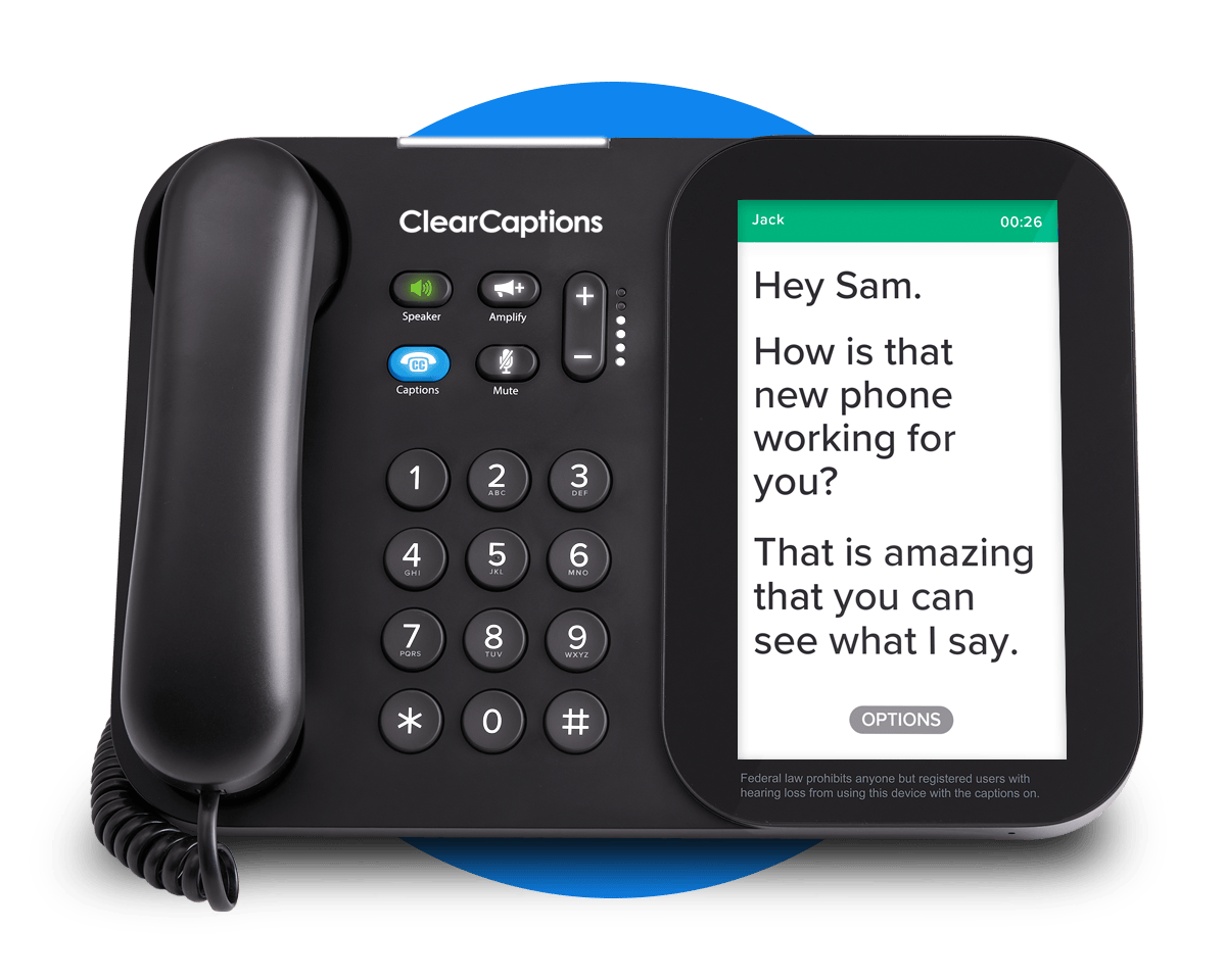 ClearCaptions caption phone displaying a conversation on screen