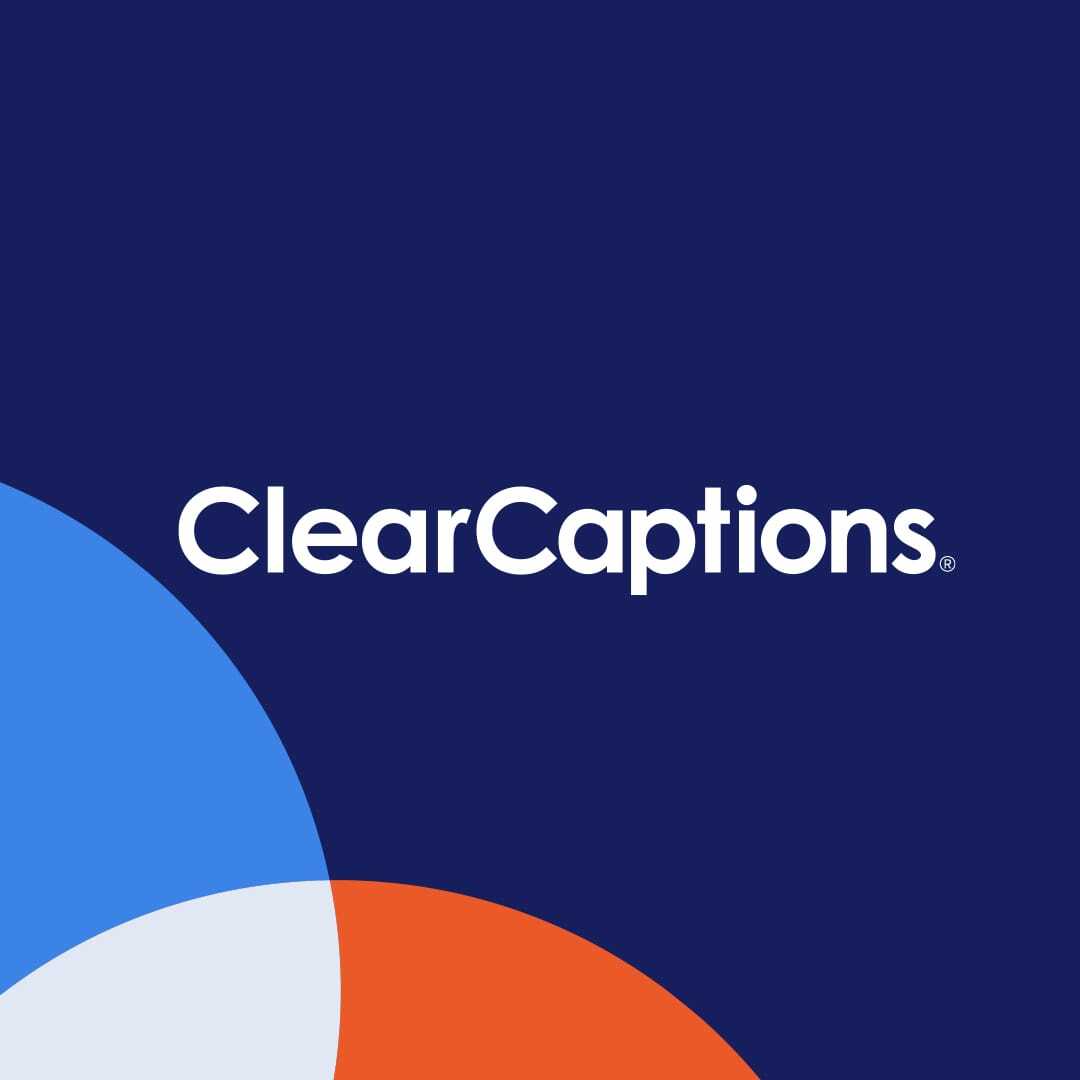 Text "ClearCaptions" appears in white against a navy background, with overlapping blue and orange semi-circles in the lower left corner.