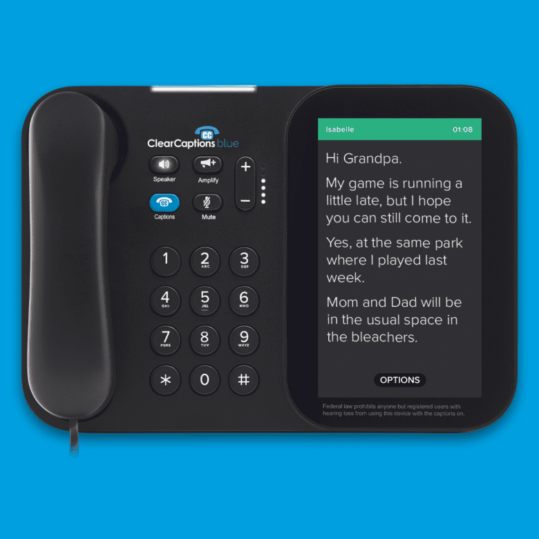 ClearCaptions caption phone displaying a conversation on screen