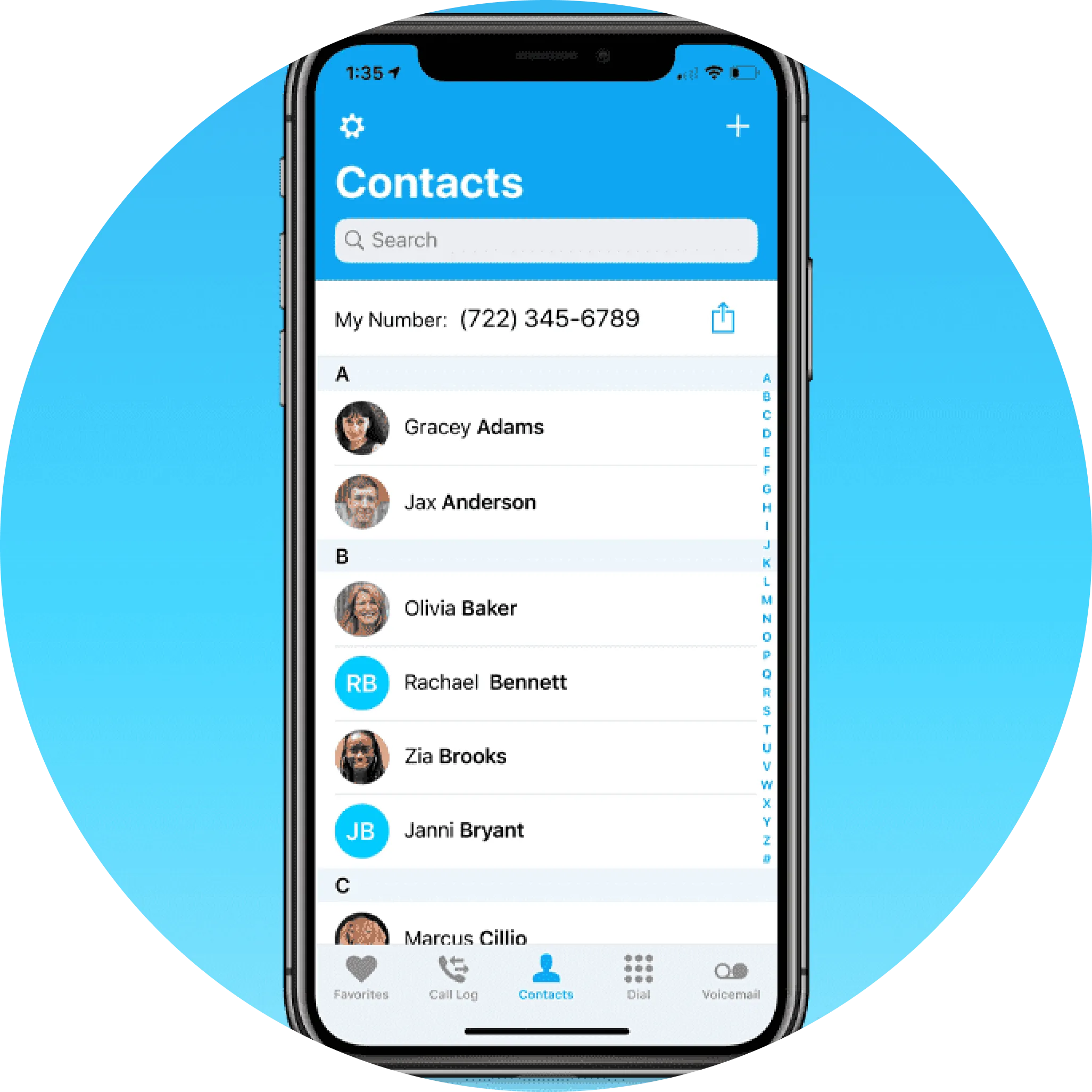 ClearCaptions mobile app displaying the contacts saved on a smartphone