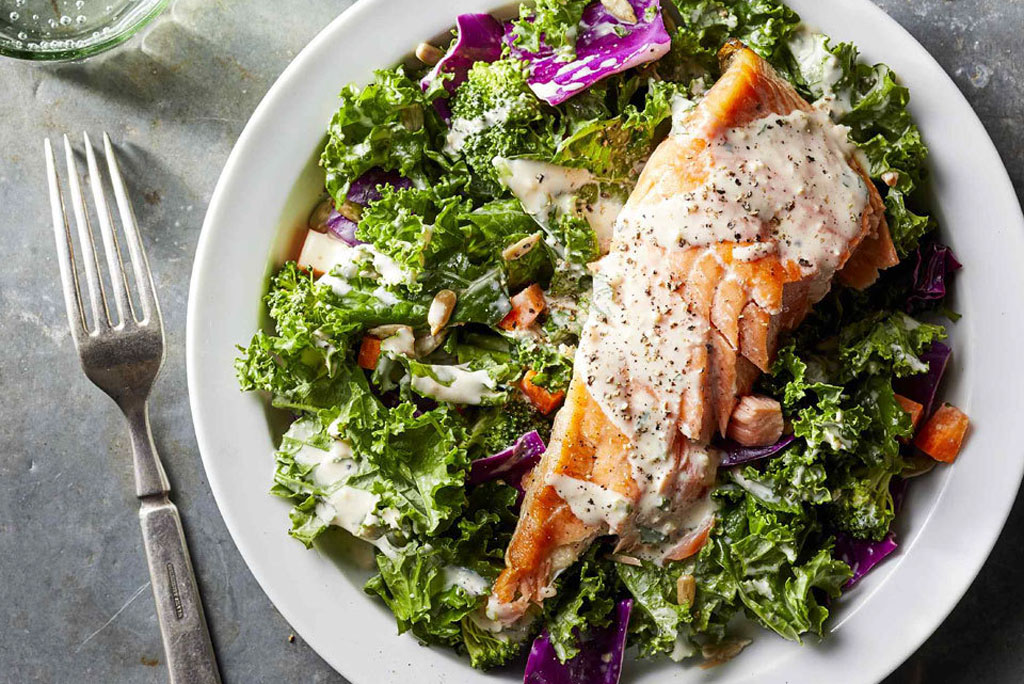 Super Chopped Salad with Salmon & Creamy Garlic Dressing